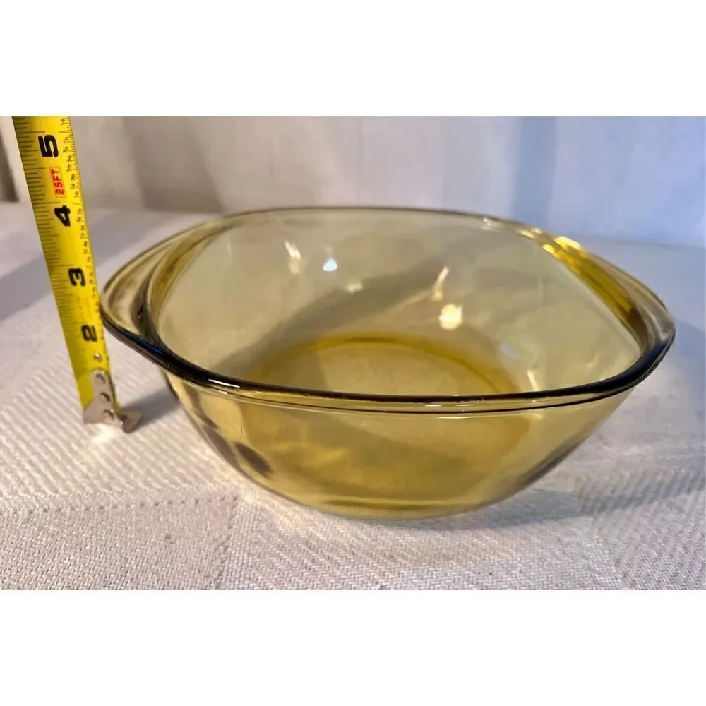 2 VTG MCM Amber Yellow Mexico Glass Casserole Dish Ovenware Baking Bowls #21 &16